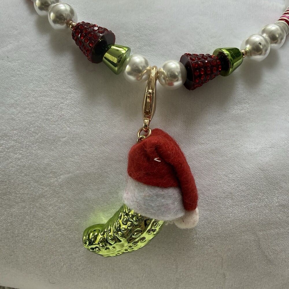 Betsey Johnson Holiday Pickle Necklace Christmas Beaded Charm Whimsy NWT